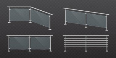 Çelik parmaklıklı cam çit bölümü. Metal korkuluklu şeffaf akrilik korkuluk. Modern teras, balkon ya da merdiven için pleksiglas bariyer. Gerçekçi vektör illüstrasyonu