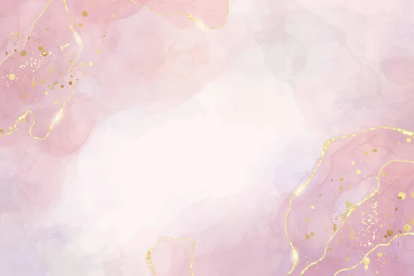 Abstrakt dammig ros flytande akvarell bakgrund med gyllene kex. Pastellrosa marmor alkohol bläck ritning effekt. Vektor illustration design mall för bröllop inbjudan — Stock vektor