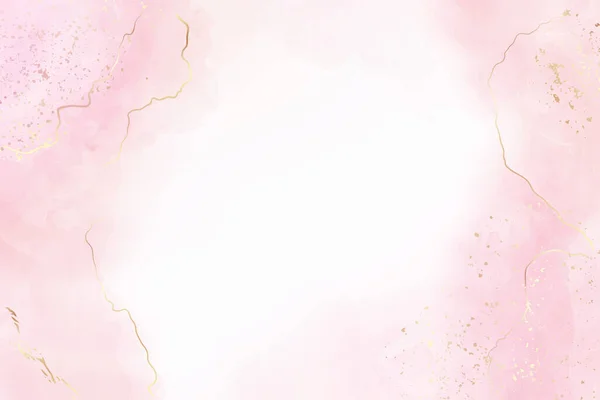 Rose flüssige Aquarell Hintergrund mit goldenen Crackern. Pastellrosa Marmor Alkoholfarbe Zeichnungseffekt. Vektor-Illustration eleganter Tapeten für Hochzeitseinladungen oder Grußkarten — Stockvektor