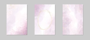 Soyut tozlu lavanta sıvısı arka planda altın çizgiler, çerçeve ve lekeler. Pastel mermer alkol mürekkebi çizim efekti. Akrilik akışkan sanat resminin vektör çizimi