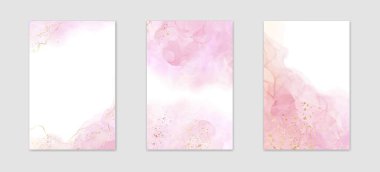 Soyut tozlu sıvı suluboya arka planda altın krakerler. Pastel pembe mermer alkol mürekkebi çizim efekti. Düğün davetiyesi için vektör illüstrasyon tasarım şablonu