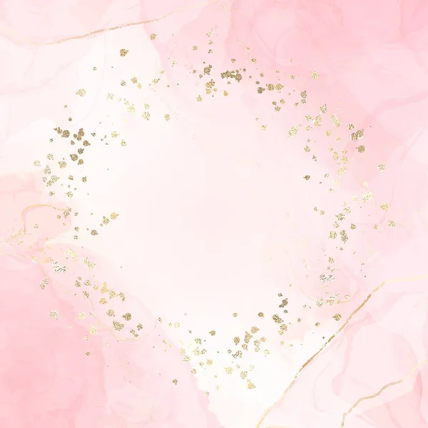 Fundo aquarela líquido rosa abstrato com quadro redondo de confete dourado. Pastel blush efeito de desenho de tinta de álcool de mármore e poeira de folha dourada. Design de ilustração vetorial para convite de casamento — Vetor de Stock