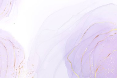 Leylak rengi suluboya arka planda altın parıltı sıçraması. Pastel menekşe mermer alkol mürekkebi çizim efekti. Soyut stil akışkan sanat ametist arkaplanının vektör çizimi