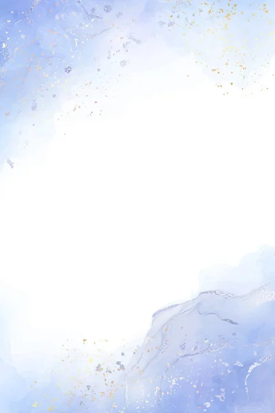 Abstrait fond aquarelle liquide bleu poussiéreux avec éclaboussures dorées et taches de papier métallique. Alcool de marbre pastel effet dessin. Modèle vectoriel de conception d'illustration pour invitation de mariage — Image vectorielle
