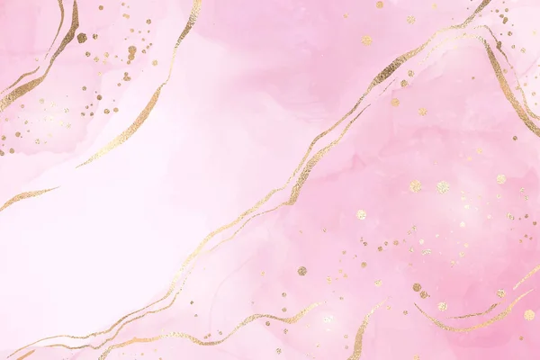 Fundo aquarela líquido rosa abstrato com manchas douradas e linhas. Pastel rosa efeito de desenho de tinta de álcool de mármore com folha de ouro. Modelo de design de ilustração vetorial para convite de casamento —  Vetores de Stock