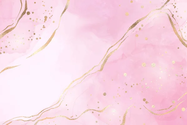 Astratto fondo acquerello rosa liquido con macchie dorate e linee. Inchiostro in marmo rosa pastello effetto alcool disegno con lamina d'oro. Modello di disegno illustrazione vettoriale per invito di nozze — Vettoriale Stock