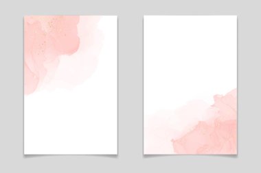 Soyut tozlu sıvı suluboya arka planda altın krakerler. Pastel pembe mermer alkol mürekkebi çizim efekti. Düğün davetiyesi için vektör illüstrasyon tasarım şablonu