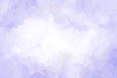 Soyut lüks lavanta sıvısı, altın çatlaklı suluboya arka plan. Pastel menekşe mermer alkol mürekkebi çizim efekti. Düğün davetiyesi için vektör illüstrasyon tasarım şablonu