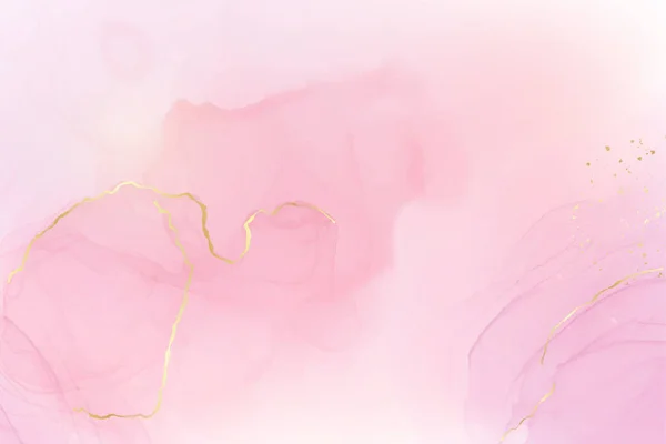 Абстрактный розовый жидкий акварельный фон с золотыми вставками и линиями. Эффект рисования чернил из розового мрамора с использованием золотой фольги. Векторный шаблон оформления иллюстраций для свадебного приглашения — стоковый вектор