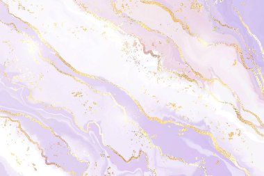 Kademeli lavantalı sıvı mermer ya da parlak folyo desenli şeritli suluboya arka plan. Violet mermer alkol mürekkebi çizim efekti. Düğün davetiyesi için vektör illüstrasyon tasarım şablonu