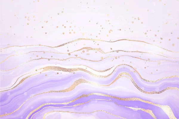 Abstracte lavendel vloeistof gemarmerde aquarel achtergrond met gouden lijnen en vlekken. Pastel marmer alcohol inkt tekening effect met goud metallic. Vector illustratie voor bruiloft uitnodiging — Stockvector