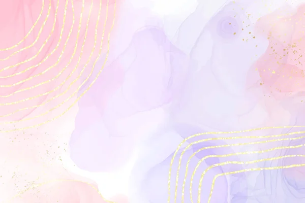 要旨金色の縞模様と光沢のある塵を持つ2色のピンクと紫色の液体大理石の背景。パステルラベンダーは、水彩画の描画効果を大理石。金のスプラッタとベクトルイラストの背景 — ストックベクタ