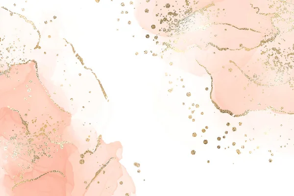 Abstract stoffige blush vloeistof gemarmerde aquarel achtergrond met gouden scheuren en vlekken. Pastel marmer alcohol inkt tekening effect met goud metallic folie. Vector illustratie voor bruiloft uitnodiging — Stockvector