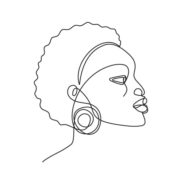 非洲妇女连续线条肖像。简约现代风格的英俊潇洒的非洲裔美国人的一张线条画。非洲裔妇女的矢量示意图 — 图库矢量图片