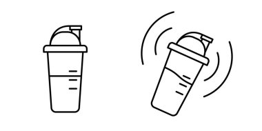 Protein kokteyli karıştırıcısı beyaz arka planda izole edilmiş. Ayakta duran ve hareket eden blender bardaklarını sallayan. Düzenlenebilir vuruşlu doğrusal simgelerin vektör illüstrasyonu
