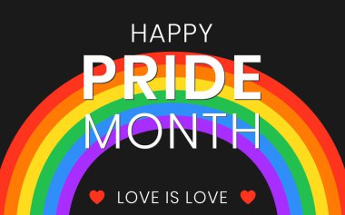 LGBT Onur Ayı, Haziran 'da yıllık kutlama. Lezbiyen gey biseksüel travesti. İnsan hakları ve hoşgörü tatili. Gökkuşağı renk arkaplanındaki LGBTQ afiş şablonunun vektör illüstrasyonu