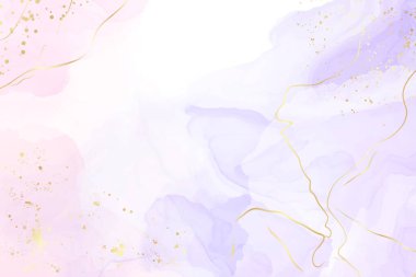 Soyut iki renkli gül ve lavanta rengi mermer arka planda altın çizgiler ve simli toz. Pastel pembe menekşe suluboya çizim etkisi. Altın serpintili vektör illüstrasyonu