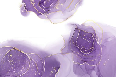 Leylak rengi suluboya arkaplan ve altın rengi çizgiler. Pastel menekşe mermer alkol mürekkebi çizim efekti. Soyut stil akışkan sanat ametist arkaplanının vektör çizimi