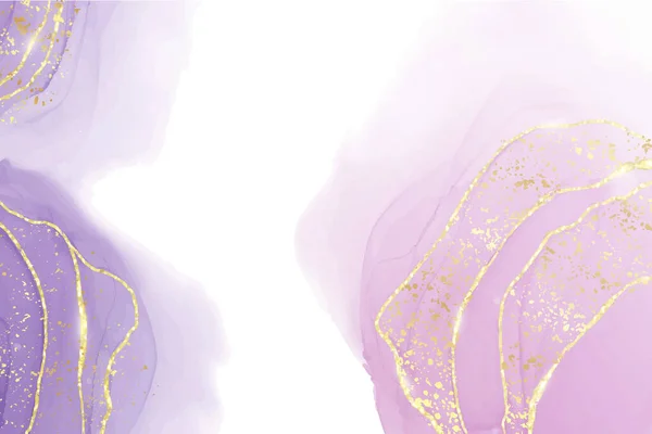 Абстрактный фиолетовый жидкий акварельный фон с золотыми вставками и линиями. Эффект фиолетовой геометрии, нарисованной вручную. Векторный шаблон оформления иллюстраций для свадебного приглашения — стоковый вектор