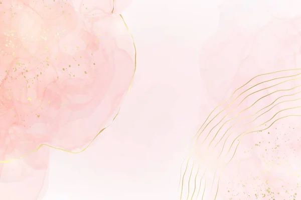Абстрактно румяный розовый жидкий акварельный фон с золотистыми блестками и линиями. Эффект рисования чернилами из розового мрамора с золотой фольгой. Шаблон векторной иллюстрации для свадебного приглашения — стоковый вектор