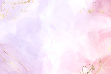 Soyut iki renkli gül ve lavanta rengi mermer arka planda altın çizgiler ve simli toz. Pastel pembe menekşe suluboya çizim etkisi. Altın serpintili vektör illüstrasyonu