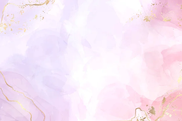 Astratto due rosa colorata e lavanda fondo in marmo liquido con strisce d'oro e polvere glitter. Acquerello rosa pastello viola effetto disegno. sfondo illustrazione vettoriale con schizzi d'oro — Vettoriale Stock