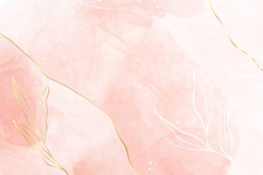 Soyut tozlu sıvı sulu boya arka planda altın çiçekli süsleme elementleri. Pastel pembe mermer alkol mürekkebi çizim efekti ve altın dallar. Zarif duvar kağıdının vektör illüstrasyonu