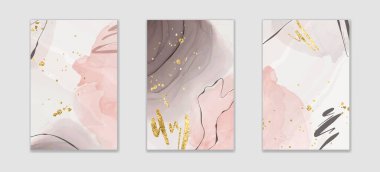 Soyut pembe ve gri sıvı suluboya arka planda altın parıltılı fırça darbeleri ve çizgiler var. Altın lekeli zarif sıvı mermer alkol mürekkebi çizim efekti. Dünya renklerinde vektör illüstrasyonu