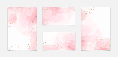 Soyut pembe sıvı suluboya arkaplan, altın rengi lekeler ve çizgiler. Alkollü gül rengi mermer mürekkep, altın folyoyla çizim efekti. Düğün daveti için vektör illüstrasyon şablonu