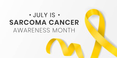 Sarkoma kanseri farkındalık ayı pankart tasarımı şablonu. Temmuzda yıllık kutlama. Gerçekçi sarı, gölgeli kurdele ilmiği. Vektör illüstrasyonu