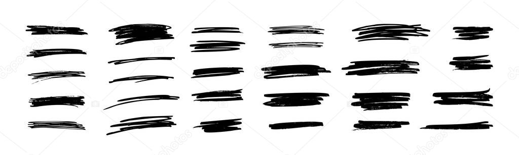 Hand drawn grunge brush strokes set. Black paint distress ink brushstrokes. Vector paint smears. Collection of watercolor paintbrush textures