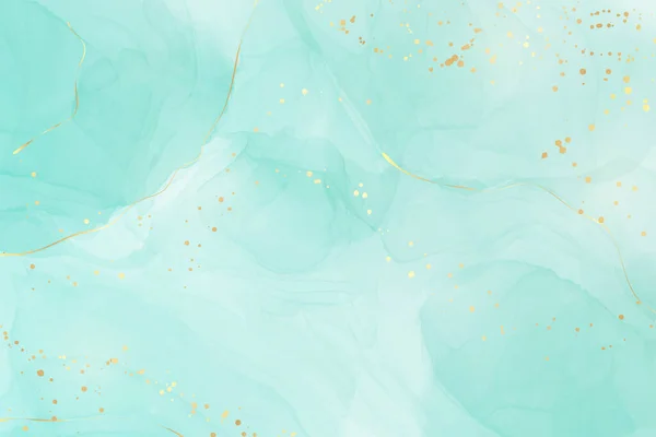Pastell Cyan Mint flüssigen Marmor Aquarell Hintergrund mit goldenen Linien und Pinselflecken. Krickettürkis marmorierte Tuschezeichnung. Vektor Illustration Hintergrund, Aquarell Hochzeitseinladung — Stockvektor