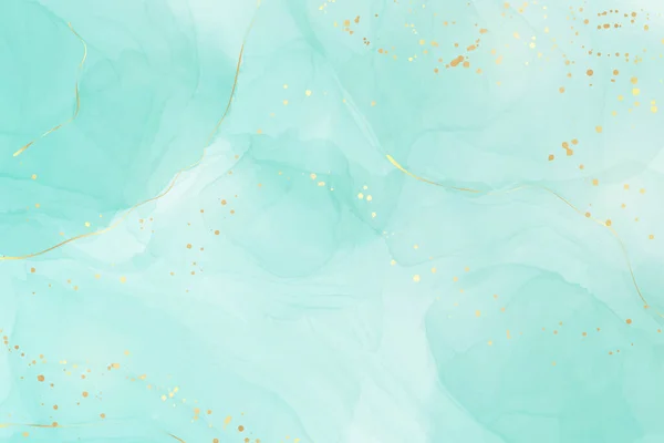 Pastel cyan naneli sıvı mermer mermer, arka planda altın çizgiler ve fırça lekeleri var. Teal turkuaz mermer alkol mürekkebi çizim efekti. Vektör illüstrasyon arkaplanı, suluboya düğün davetiyesi