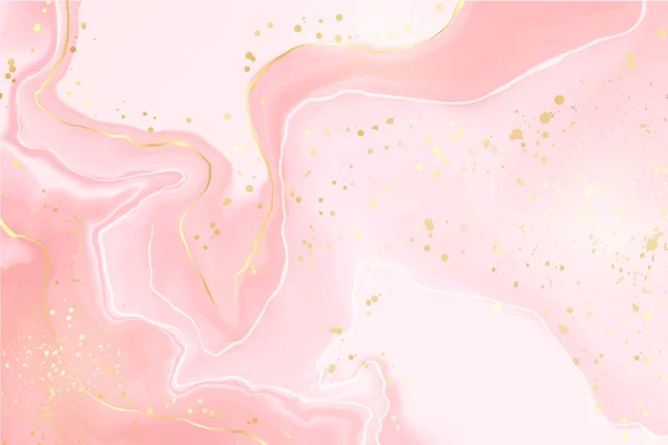 Абстрактный розовый румянец жидкий акварельный фон с золотыми линиями, точками и пятнами. Эффект рисования чернил из пастельного мрамора. Векторный шаблон оформления иллюстраций для свадебного приглашения — стоковый вектор