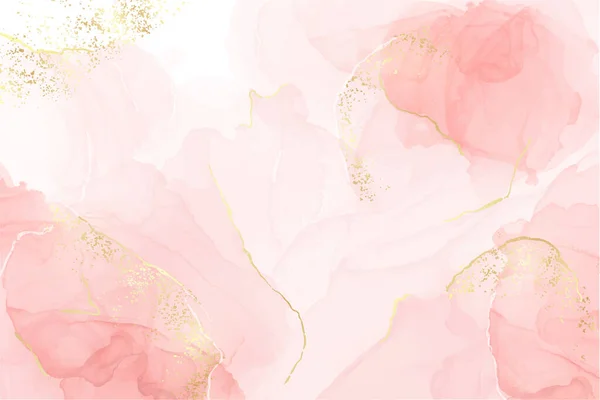 Абстрактный розовый румянец жидкий акварельный фон с золотыми линиями, точками и пятнами. Эффект рисования чернил из пастельного мрамора. Векторный шаблон оформления иллюстраций для свадебного приглашения — стоковый вектор