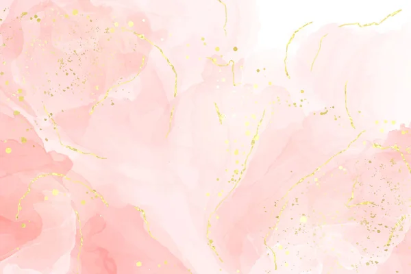 Abstrakt ros rouge flytande akvarell bakgrund med gyllene linjer, prickar och fläckar. Pastellmarmor alkohol bläck ritning effekt. Vektor illustration design mall för bröllop inbjudan — Stock vektor