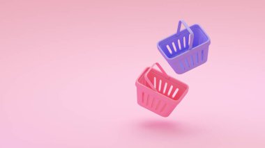 Pembe arka planda izole edilmiş iki market sepeti. Boş süpermarket arabası. Pazar etkinliği, satış festivali, online alışveriş, dijital pazarlama. Alışveriş sepetinin 3D çizimi