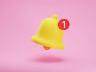 Mat sarı uyarı zilinin üç boyutlu simgesini pembe arkaplanda izole edilmiş bir yeni mesajla görüntüle. Sosyal medya bildirim olayı hatırlatması. 3d resimleme, bildirim iletisi kavramı