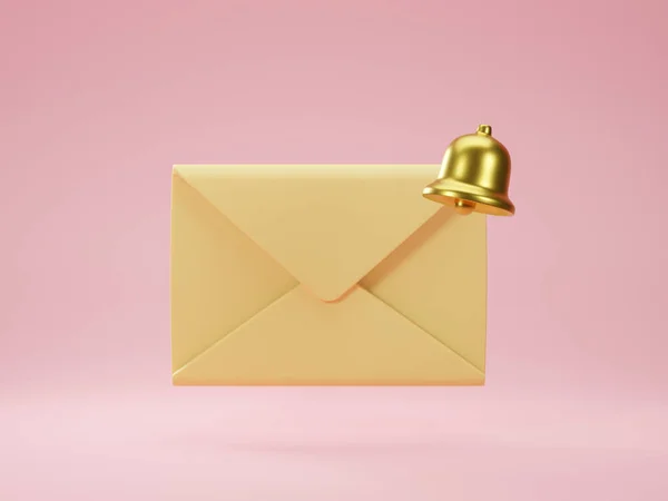 Mail envelope with golden notification bell isolated on pink background. 3d render of new e-mail message notice icon. Concept of subscription to newsletter. 3d rendering illustration of message