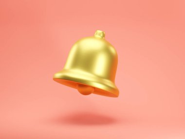 Pembe arka planda izole edilmiş 3D altın uyarı çanı simgesi. Sosyal medya bildirim olayı hatırlatması. 3d resimleme, bildirim iletisi kavramı