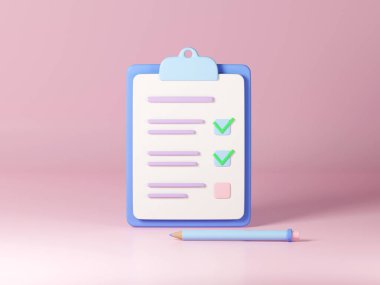 Pano kağıdındaki kontrol listesi, 3 boyutlu resimleme. İşaretli görevleri olan bir defter. Çevrimiçi araştırma kavramı, sınav notu, iş sözleşmesi, araştırma formu, değerlendirme belgesi, anket