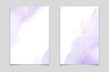 Soyut lüks lavanta sıvısı, altın çatlaklı suluboya arka plan. Pastel menekşe mermer alkol mürekkebi çizim efekti. Düğün davetiyesi için vektör illüstrasyon tasarım şablonu