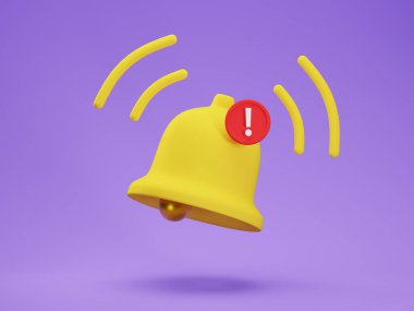 Mor zemin üzerinde izole edilmiş yeni bir mesaj içeren üç boyutlu mat sarı uyarı çanı simgesi. Sosyal medya bildirim olayı hatırlatması. 3d resimleme, bildirim iletisi kavramı