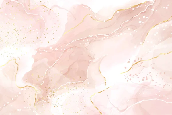 Абстрактный пыльный розовый румяный жидкий акварельный фон с золотыми точками и линиями. Пастельно-розовый мраморный алкоголь чернила рисунок эффект, золотой всплеск элементов. Векторная иллюстрация современных обоев — стоковый вектор