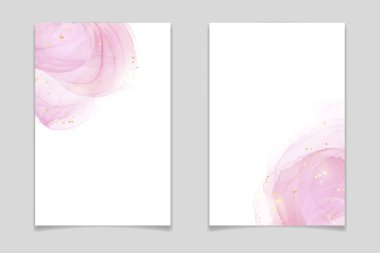 Soyut gül kırmızısı sıvı suluboya arka planda altın noktalar ve lekeler var. Pastel mermer alkol mürekkebi çizim efekti. Düğün davetiyesi için vektör illüstrasyon tasarım şablonu