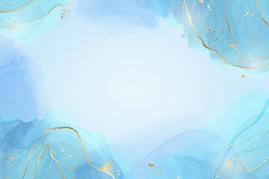 Soyut turkuaz ve deniz mavisi sıvı mermer, dalga desenli ve altın çatlaklı suluboya arka plan. Cyan alkol mürekkebi çizim efekti yapmış. Davet için vektör illüstrasyon tasarım şablonu