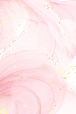 Soyut gül kırmızısı sıvı suluboya arka planda altın çizgiler, noktalar ve lekeler. Pastel mermer alkol mürekkebi çizim efekti. Düğün davetiyesi için vektör illüstrasyon tasarım şablonu