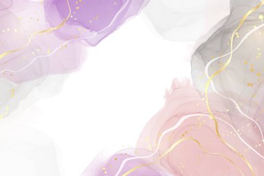 Soyut menekşe, pembe ve gri sıvı suluboya arka planda altın yaldızlı fırça darbeleri ve çizgiler. Altın lekeli zarif sıvı mermer alkol mürekkebi çizim efekti. Vektör illüstrasyonu