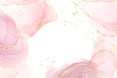 Soyut gül kırmızısı sıvı suluboya arka planda altın çizgiler, noktalar ve lekeler. Pastel mermer alkol mürekkebi çizim efekti. Düğün davetiyesi için vektör illüstrasyon tasarım şablonu