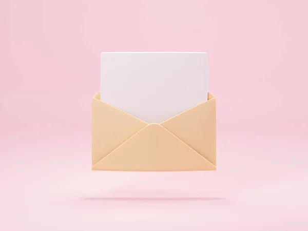 Opened mail envelope with paper inside isolated on pastel pink background. 3d render of new e-mail message notice icon. Concept of subscription to newsletter. 3d rendering illustration